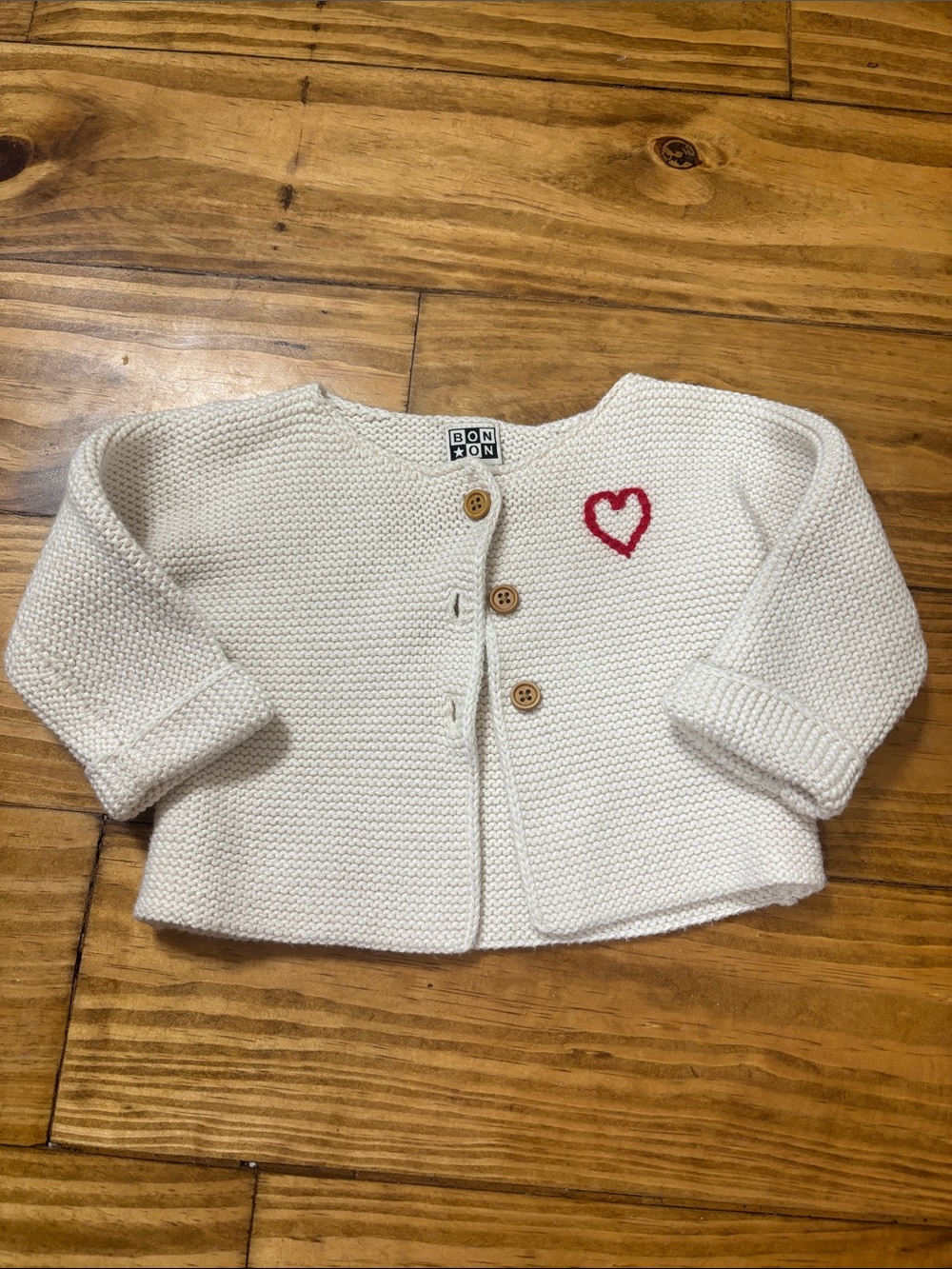 Bonton Cream Timousse Cardigan Size 12 Months w/Red Heart & Wooden Buttons